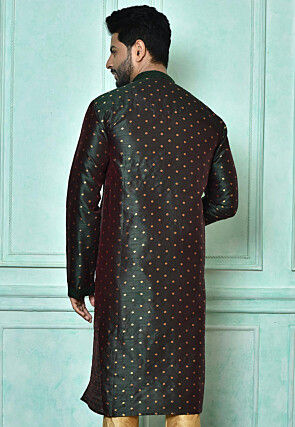 Woven Art Silk Jacquard Kurta in Dark Green