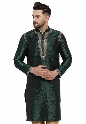 Woven Art Silk Jacquard Kurta in Dark Green