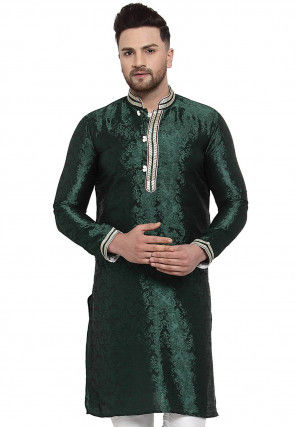 Woven Art Silk Jacquard Kurta in Dark Green