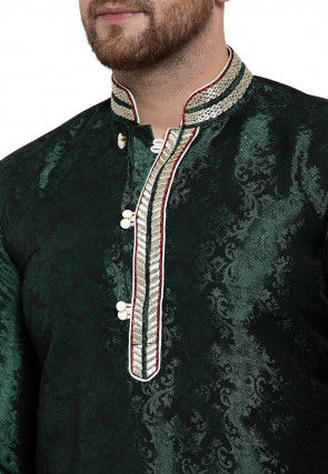 Woven Art Silk Jacquard Kurta in Dark Green