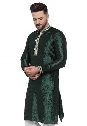 Woven Art Silk Jacquard Kurta in Dark Green