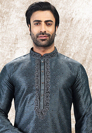 Woven Art Silk Jacquard Kurta in Dark Grey