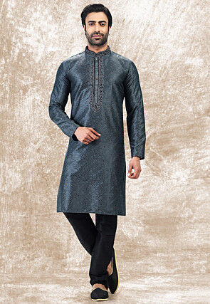 Woven Art Silk Jacquard Kurta in Dark Grey