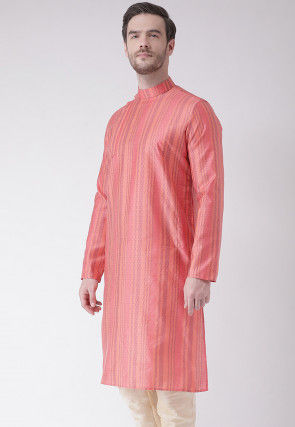 Woven Art Silk Jacquard Kurta in Dark Peach