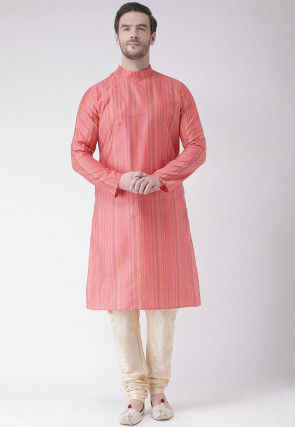 Woven Art Silk Jacquard Kurta in Dark Peach