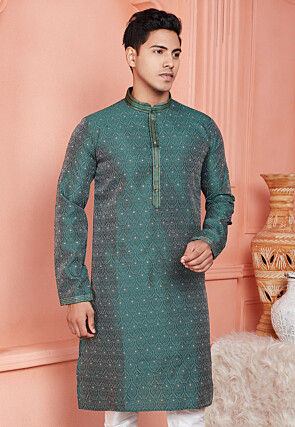 Woven Art Silk Jacquard Kurta in Green