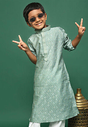 Woven Art Silk Jacquard Kurta in Light Green