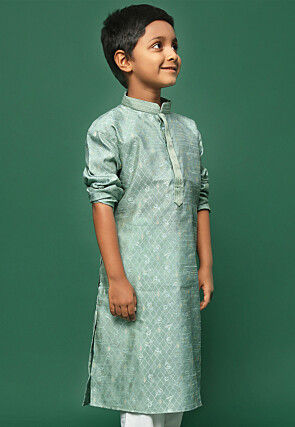 Woven Art Silk Jacquard Kurta in Light Green