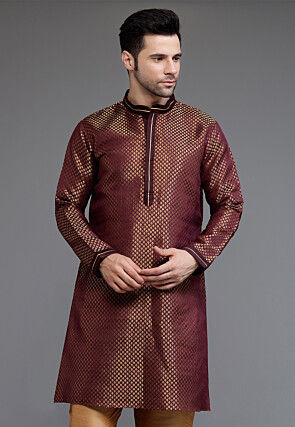 Woven Art Silk Jacquard Kurta in Maroon