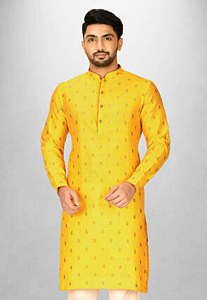 Woven Art Silk Jacquard Kurta in Mustard