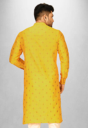 Woven Art Silk Jacquard Kurta in Mustard
