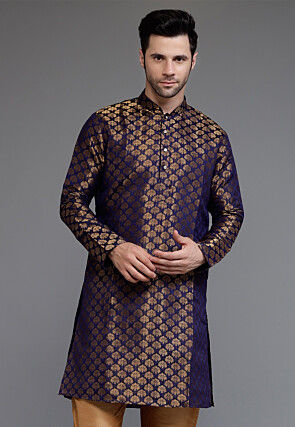 Woven Art Silk Jacquard Kurta in Navy Blue