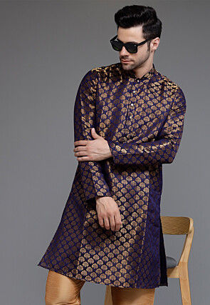 Woven Art Silk Jacquard Kurta in Navy Blue