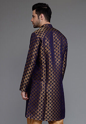 Woven Art Silk Jacquard Kurta in Navy Blue