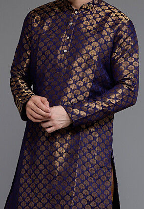 Woven Art Silk Jacquard Kurta in Navy Blue