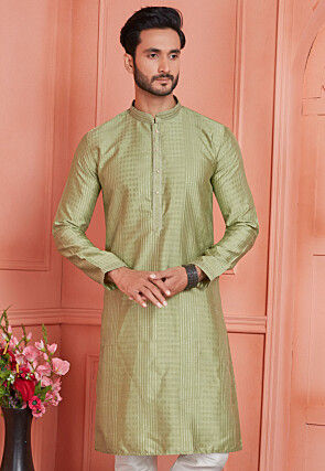 Woven Art Silk Jacquard Kurta in Olive Green