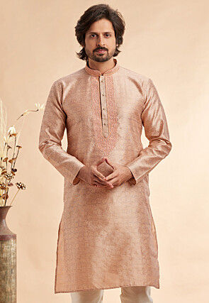 Woven Art Silk Jacquard Kurta in Peach