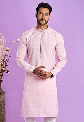 Woven Art Silk Jacquard Kurta in Pink