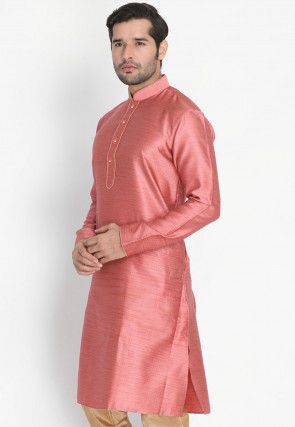 Woven Art Silk Jacquard Kurta in Pink