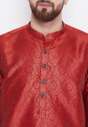 Woven Art Silk Jacquard Kurta in Red