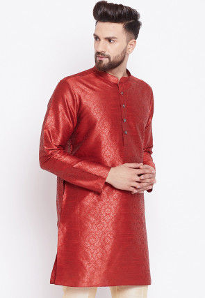 Woven Art Silk Jacquard Kurta in Red