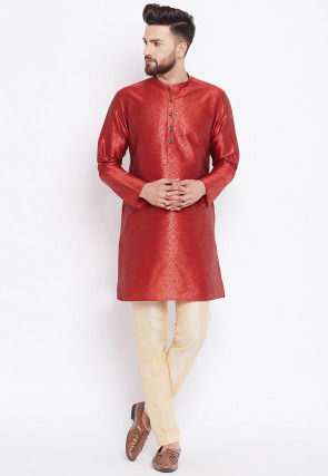 Woven Art Silk Jacquard Kurta in Red