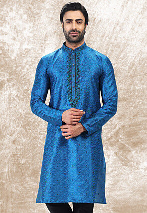 Woven Art Silk Jacquard Kurta in Royal Blue