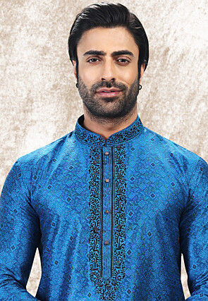 Woven Art Silk Jacquard Kurta in Royal Blue