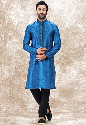 Woven Art Silk Jacquard Kurta in Royal Blue