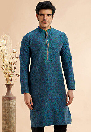 Woven Art Silk Jacquard Kurta in Teal Blue