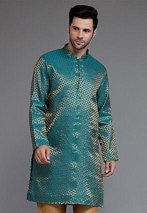 Woven Art Silk Jacquard Kurta in Teal Green