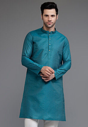 Woven Art Silk Jacquard Kurta in Teal Blue