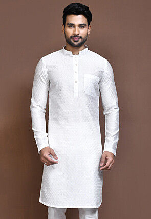 Woven Art Silk Jacquard Kurta in White