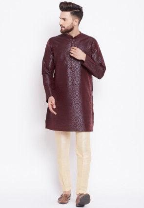 Woven Art Silk Jacquard Kurta in Wine