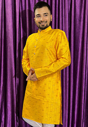 Woven Art Silk Jacquard Kurta in Yellow