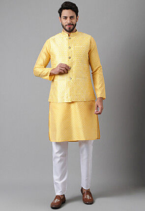 Sojanya (Since 1958), Men's Cotton Blend Yellow Kurta & White Churidar  Pyjama Set