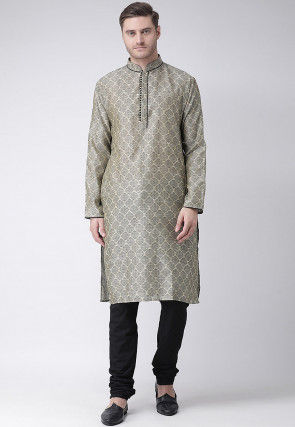Woven Art Silk Jacquard Kurta Set in Beige and Black