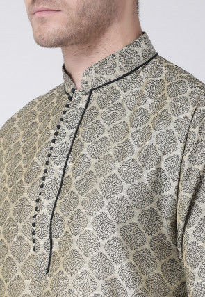 Woven Art Silk Jacquard Kurta Set in Beige and Black