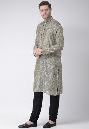 Woven Art Silk Jacquard Kurta Set in Beige and Black
