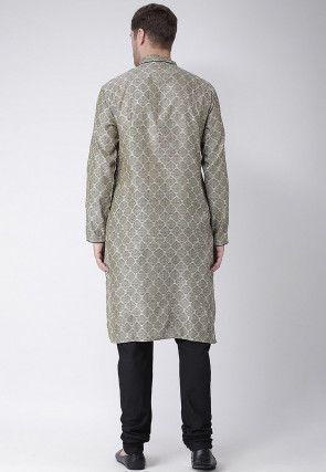 Woven Art Silk Jacquard Kurta Set in Beige and Black