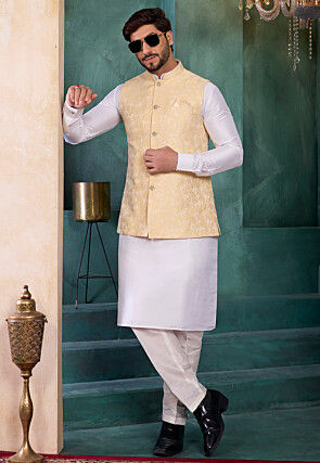 Woven Art Silk Jacquard Kurta Set in Beige and White