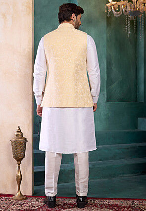 Woven Art Silk Jacquard Kurta Set in Beige and White