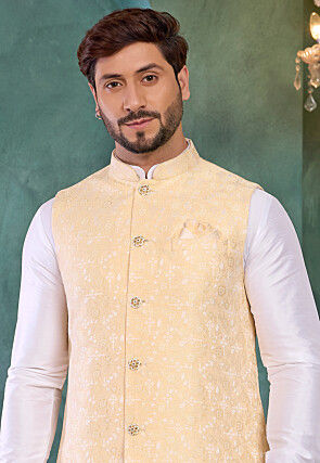 Woven Art Silk Jacquard Kurta Set in Beige and White