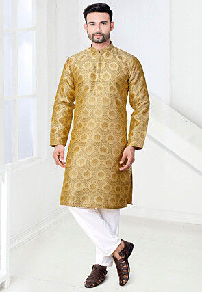 Woven Art Silk Jacquard Kurta Set in Beige