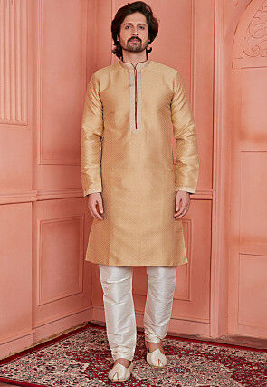 Woven Art Silk Jacquard Kurta Set in Beige