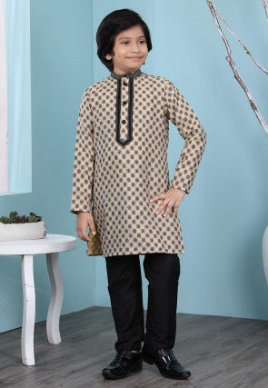 Woven Art Silk Jacquard Kurta Set in Beige