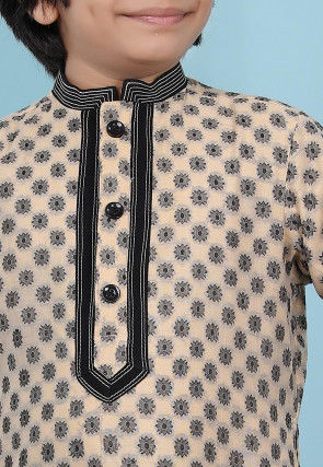 Woven Art Silk Jacquard Kurta Set in Beige