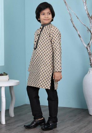 Woven Art Silk Jacquard Kurta Set in Beige