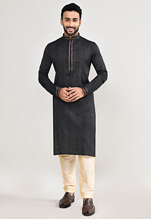 Woven Art Silk Jacquard Kurta Set in Black
