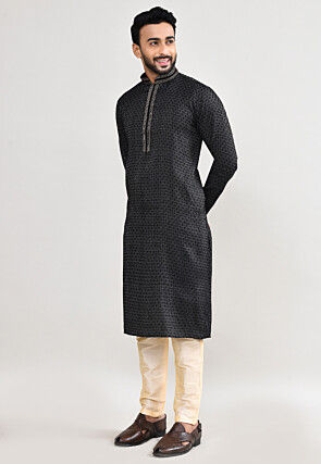 Woven Art Silk Jacquard Kurta Set in Black